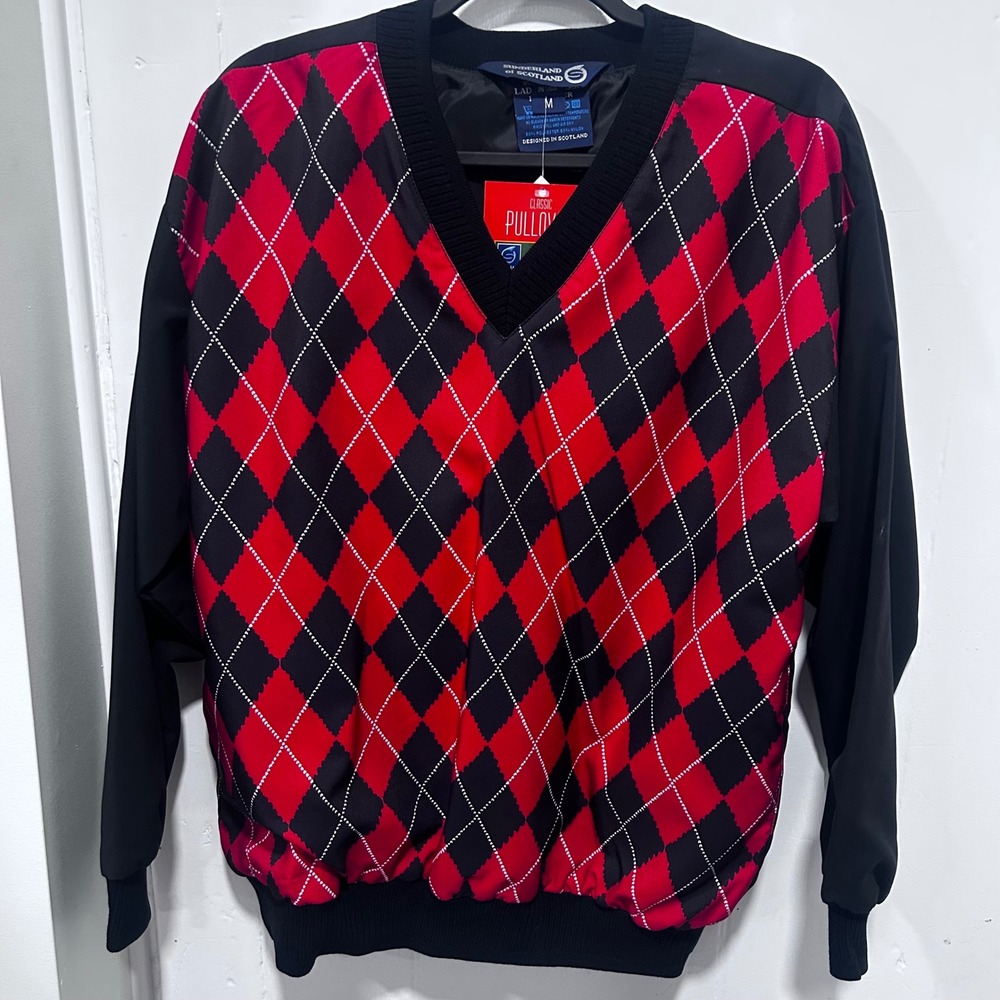 Sunderland of Scotland Womens Argyle Golf Pullover Windshirt Red Black Medium NW